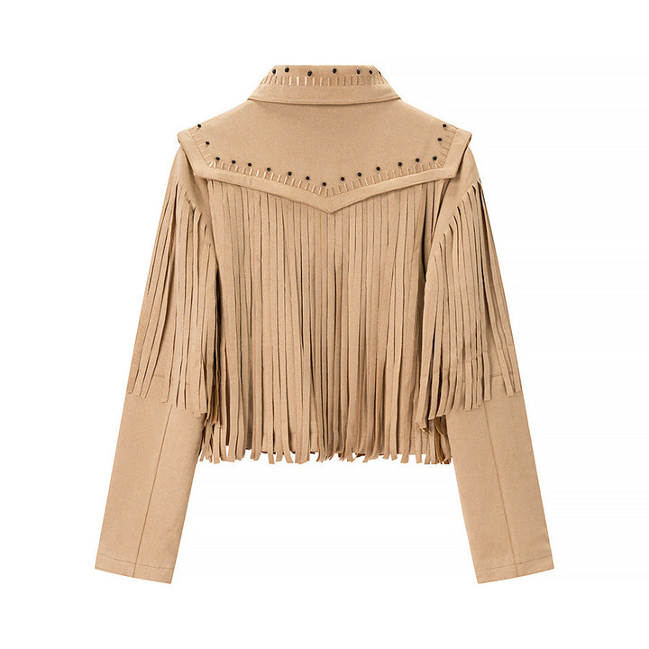 Damen nan kurze Fransenjacke im Wildlederlook mit Nietenbesatz Drune