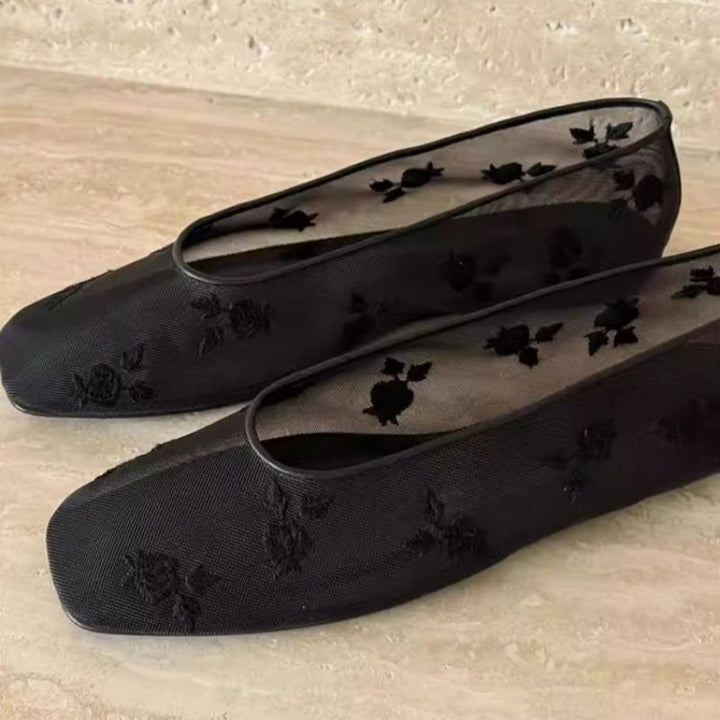 Damen Bestickte Mesh-Ballerinas mit quadratischer Zehenpartie und Rosenstickerei Drune