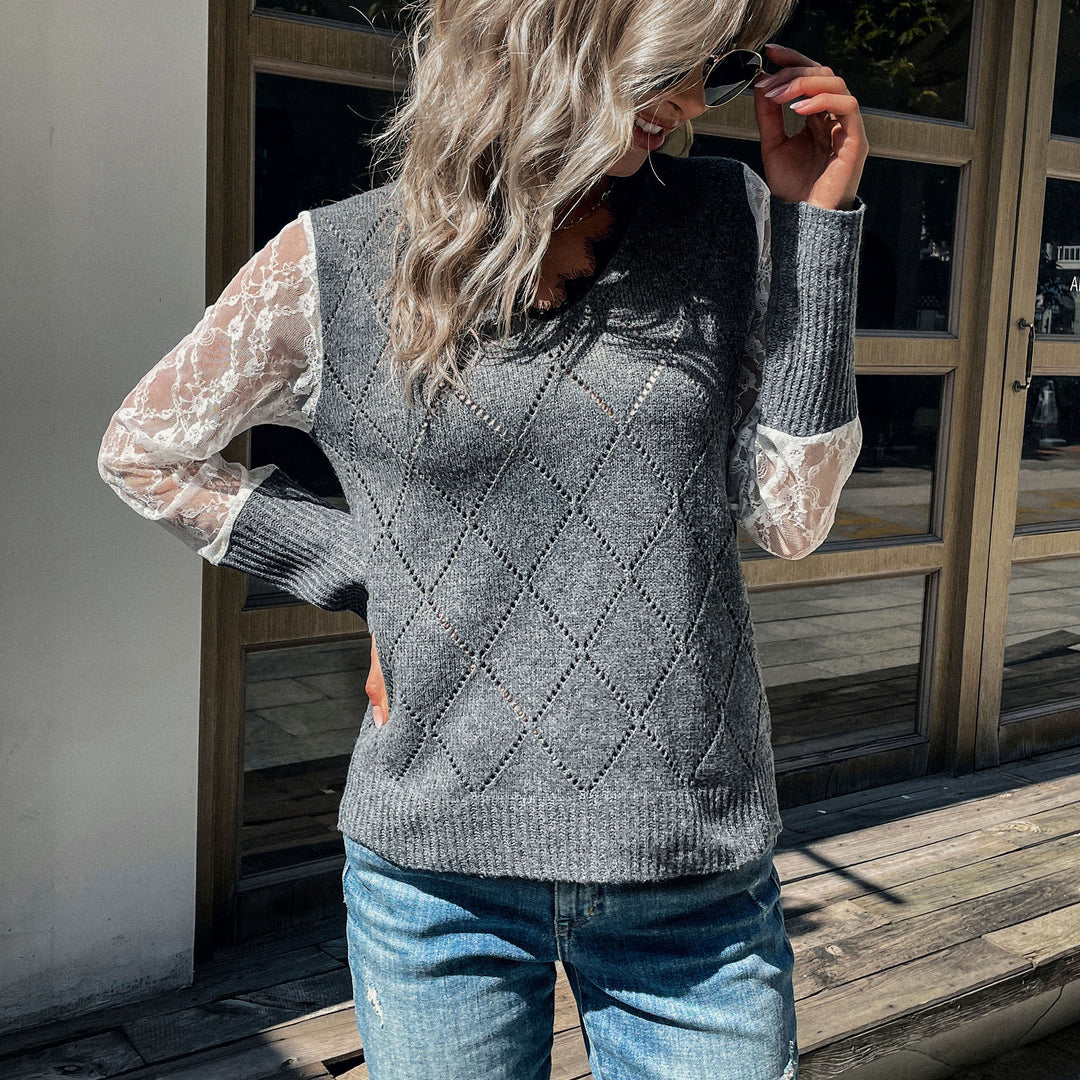 Damen Lässiger Feinstrickpullover mit Ajour‑Rautenmuster, transparenten Spitzenärmeln und gerippten Bündchen Drune