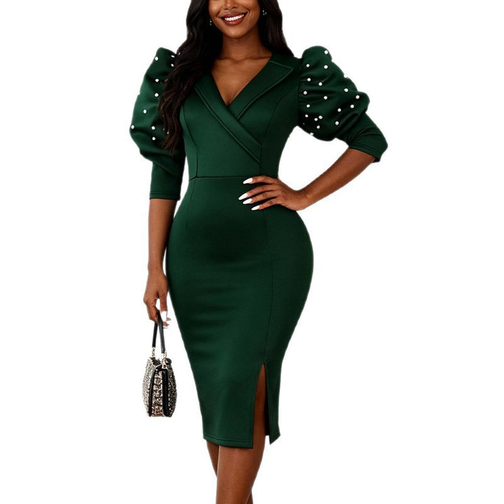 Damen figurbetontes Midi-Kleid mit voluminösen Puffärmeln und eleganten Perlenakzenten Drune