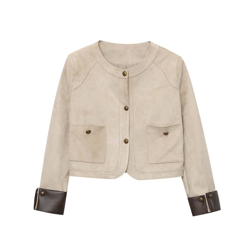 Damen elegante Wildlederjacke mit knopffreier Front und subtilen Taschen Drune