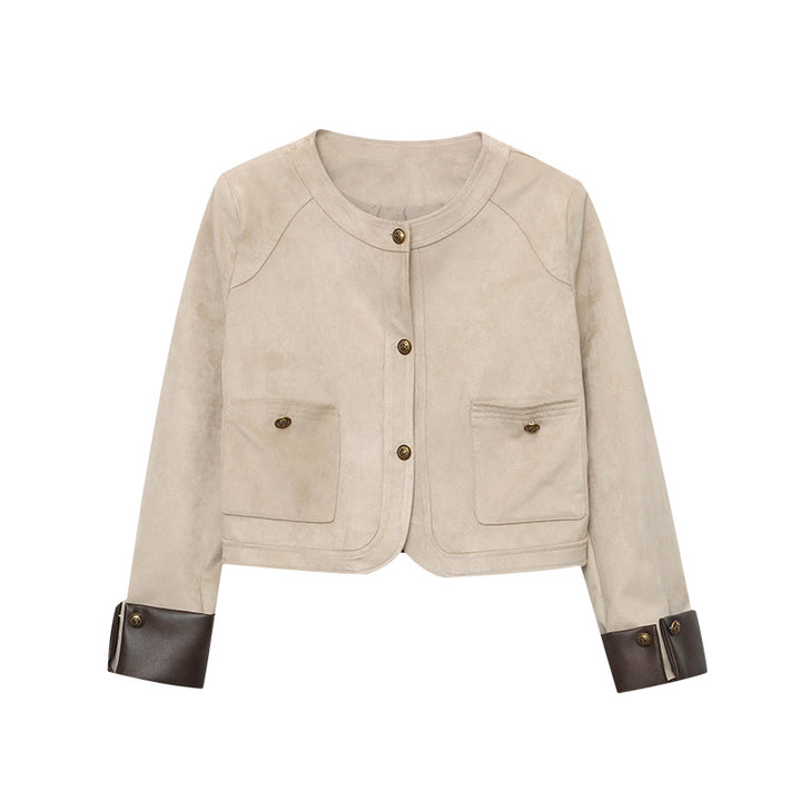 Damen elegante Wildlederjacke mit knopffreier Front und subtilen Taschen Drune