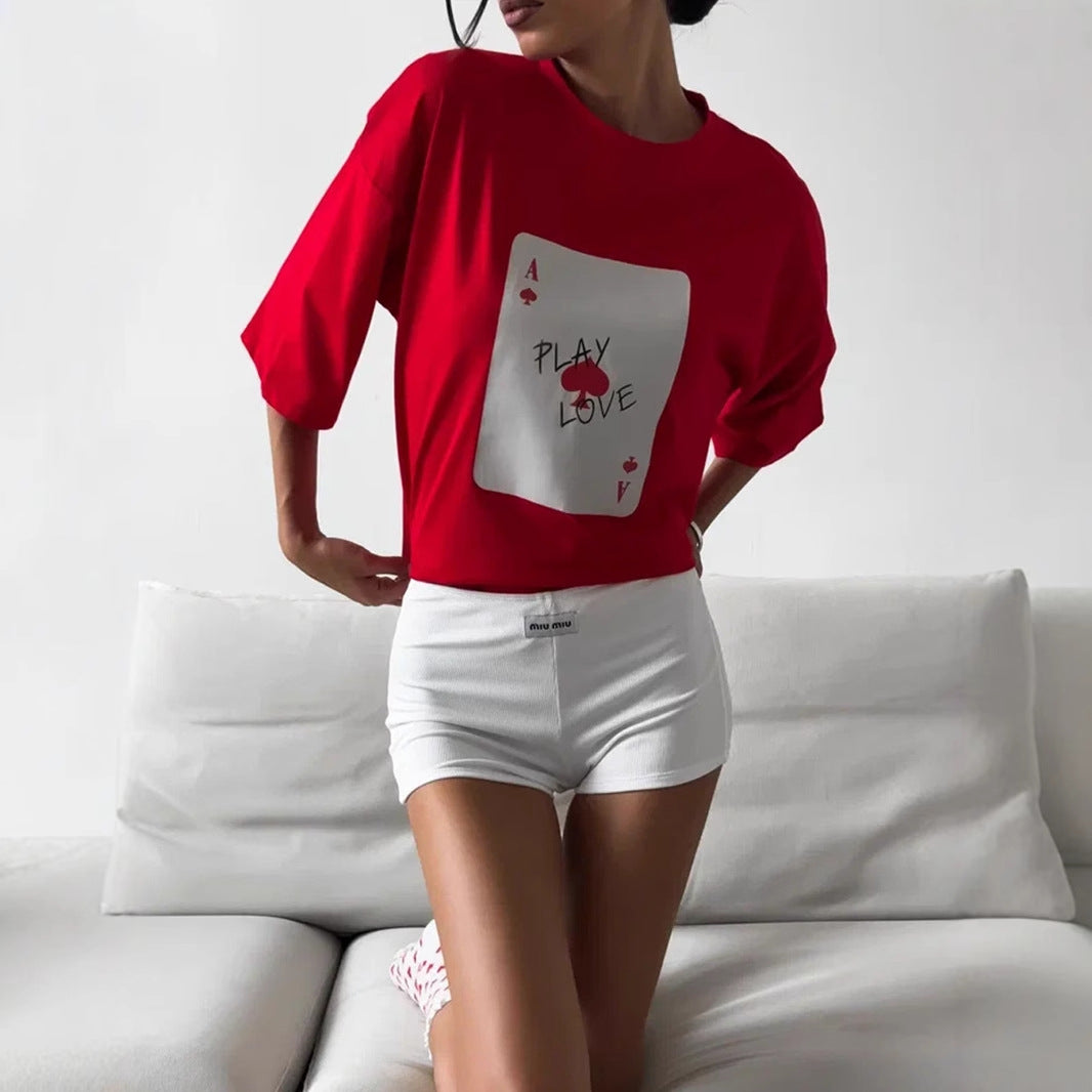 Damen Lässiges T-Shirt mit kreativem Kartenmotiv Drune