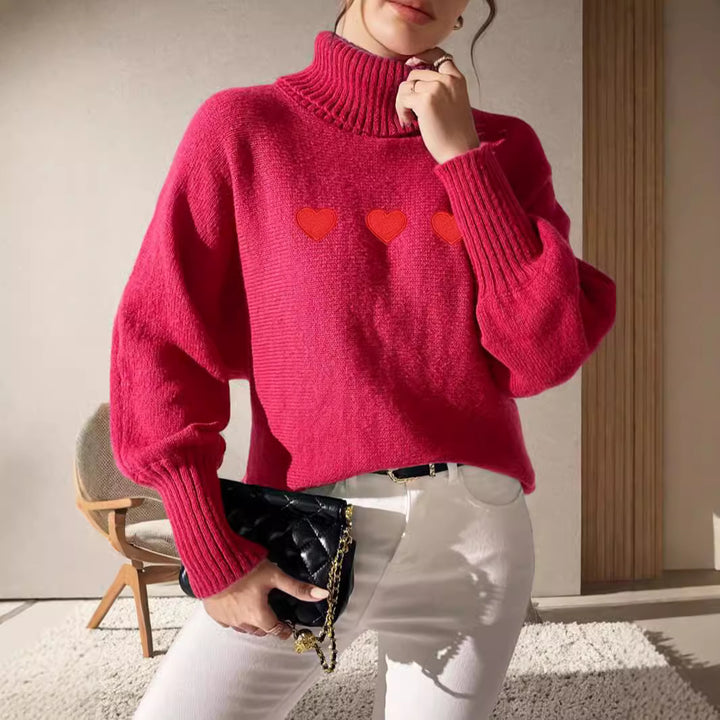 Damen Pullover mit hohem Kragen und verspielten Herzapplikationen Drune