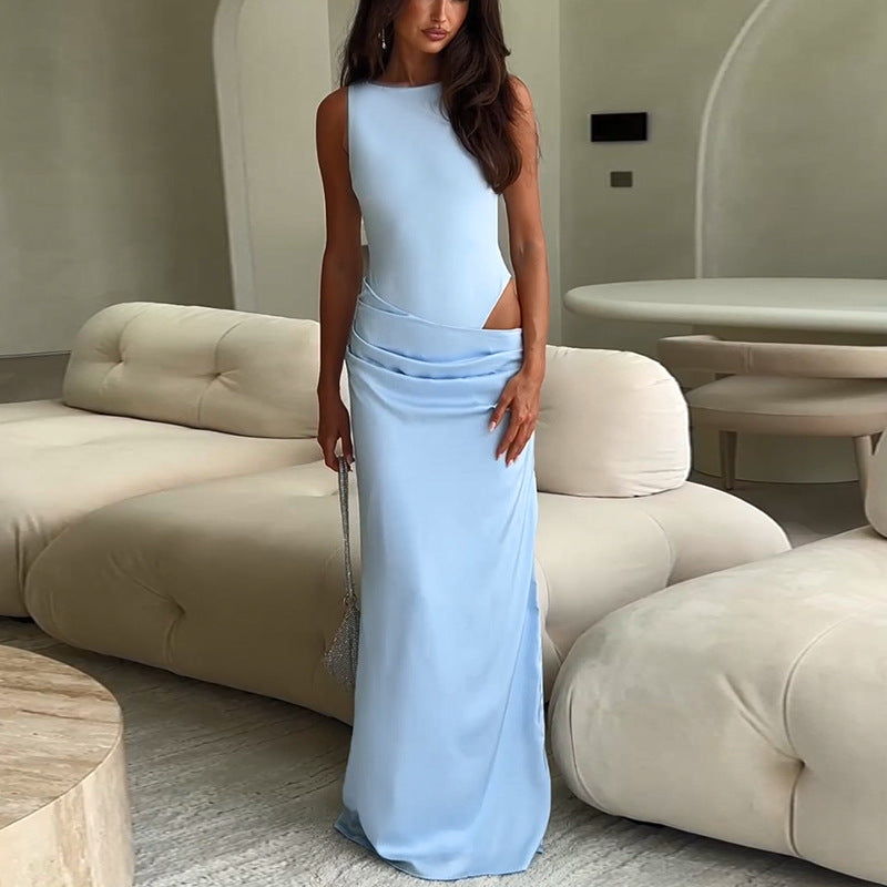 Damen elegantes Maxikleid mit asymmetrischem Design und raffiniertem Tailleneinsatz Drune