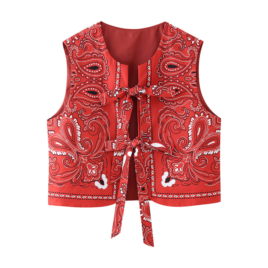Damen nan ärmellose Bandana-Print Crop-Weste mit doppeltem Schleifenverschluss Drune