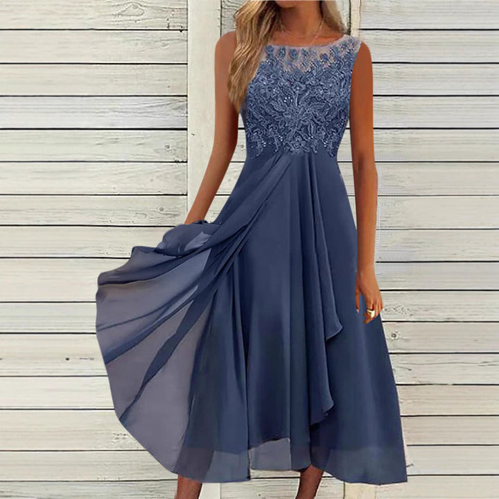 Damen nan ärmelloses Chiffon-Midikleid mit bestickter Illusionsspitze, Schiff-Ausschnitt und mehrlagigem Schwingrock Drune