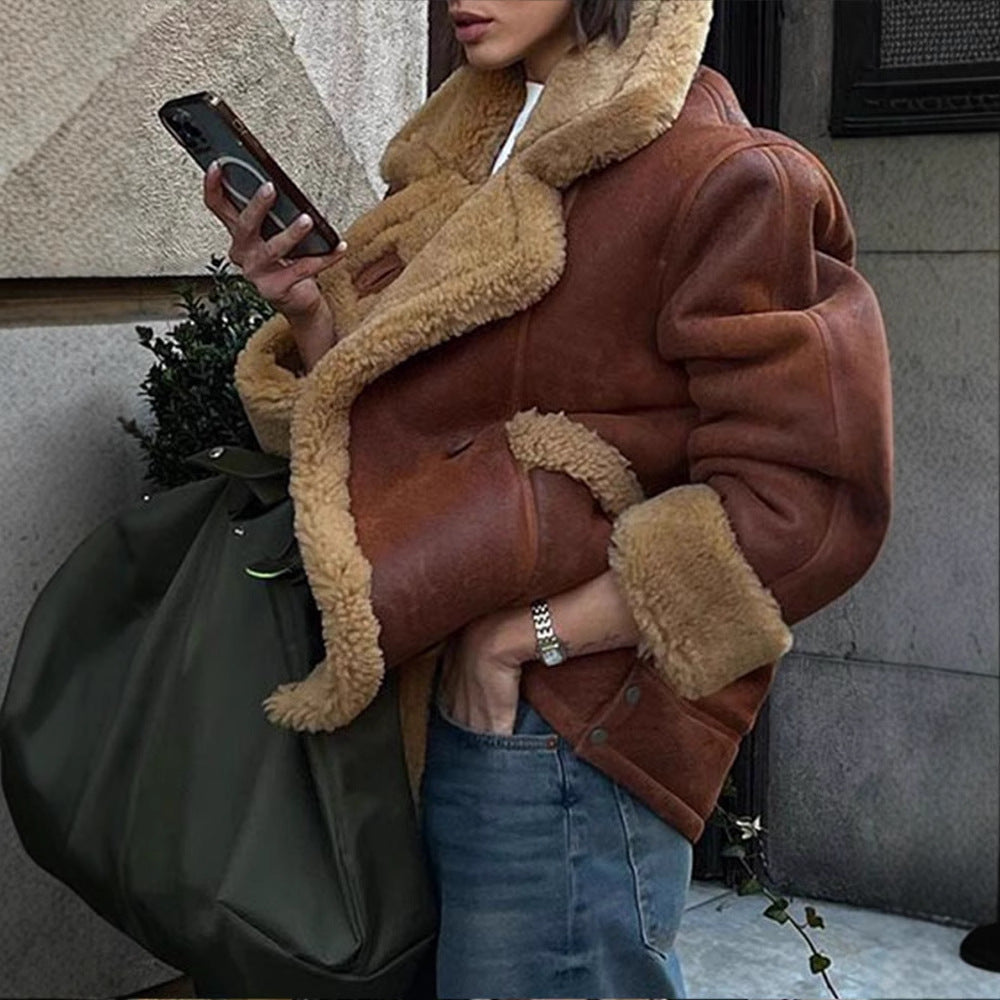Damen Lässige und modische Teddyjacke mit großem Kragen und weich gefüttertem Innenleben Drune