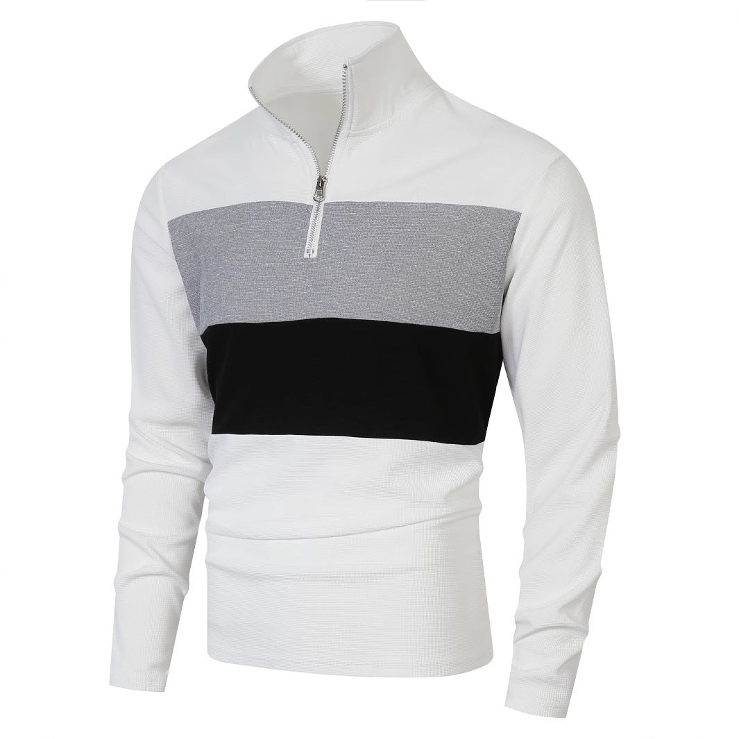 Herren Halbzip-Pullover mit Stehkragen, breitem Blockstreifen und fein gerippter Struktur Drune