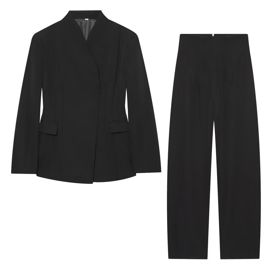 Damen Elegantes zweiteiliges Anzugset mit kastenlosem Blazer und High‑Waist Weitbein‑Hose Drune