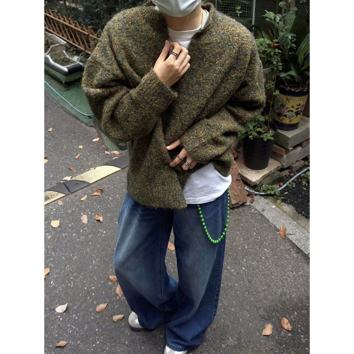 Herren Melangé Grobstrick-Pullover mit V-Schlitz und lockerem Oversize-Schnitt Drune