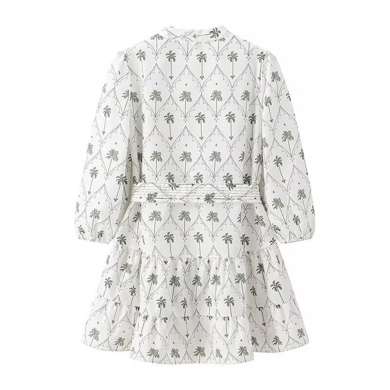 Damen nan tailliertes V-Ausschnitt Minikleid mit Dreiviertelärmeln, Bindegürtel und Stufenrock Drune