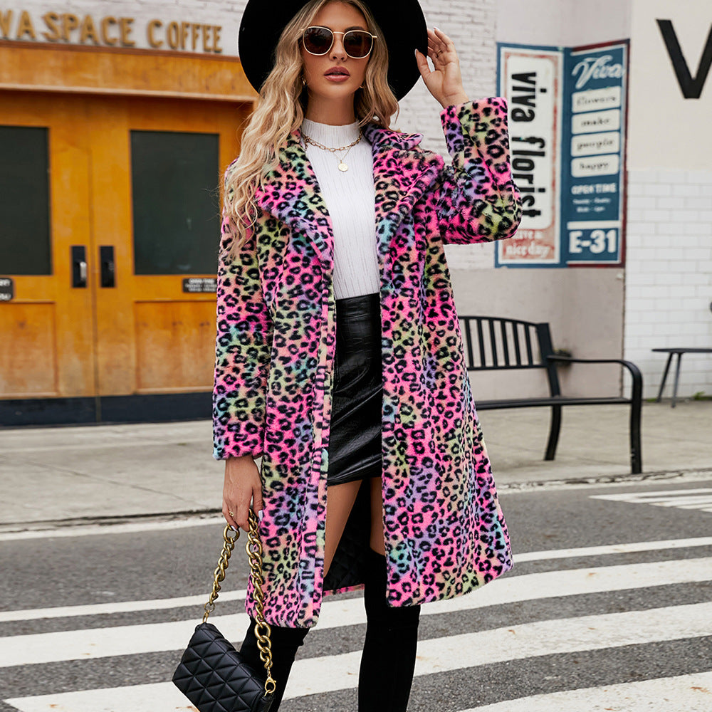 Damen Luxuriöser Kunstfellmantel mit Leopard-Design Drune