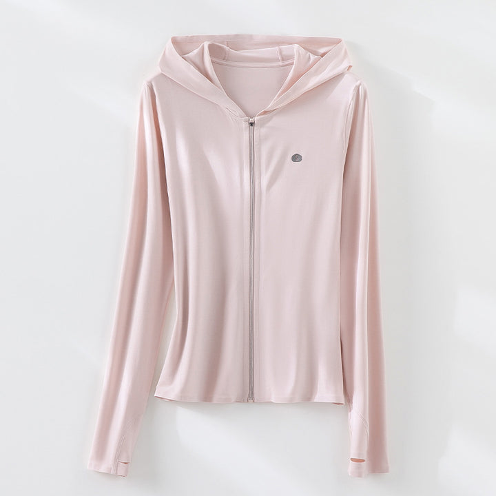 Damen Ultraleichte UV-Schutz-Kapuzenjacke mit durchgehendem Reißverschluss und Daumenschlaufen Drune