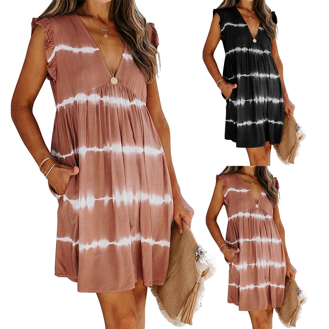 Damen Sommerkleid mit V-Ausschnitt und Rüschenärmel Drune