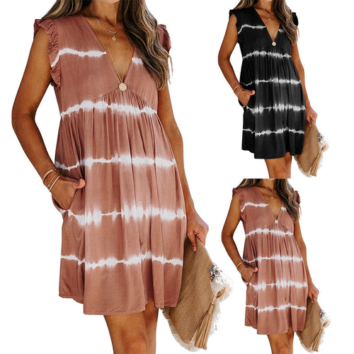 Damen Sommerkleid mit V-Ausschnitt und Rüschenärmel Drune