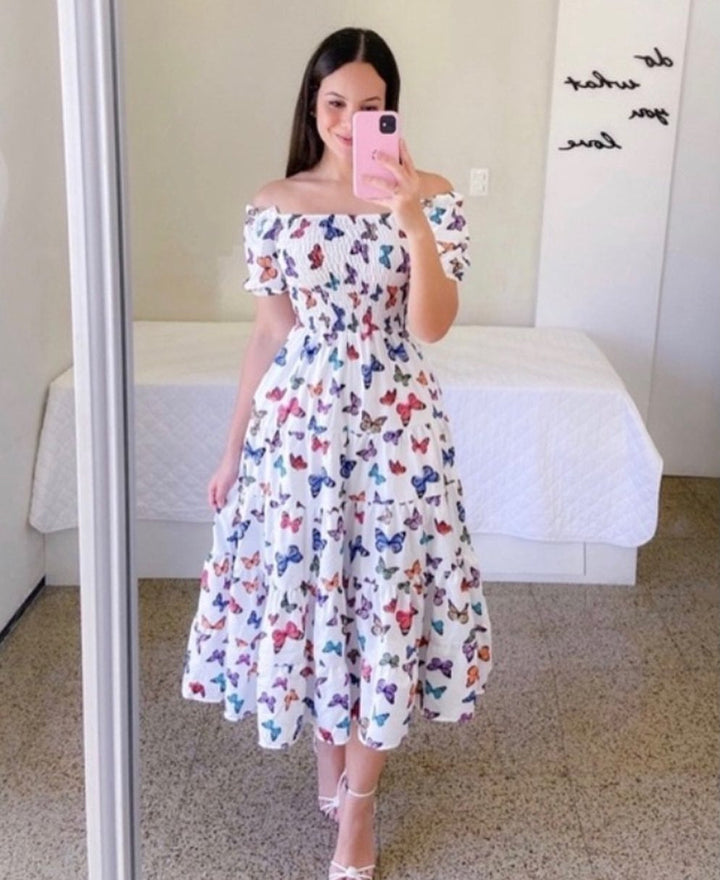 Drune | Mode Kurzärmelig Bedruckt Ausgestelltes Midi Kleid