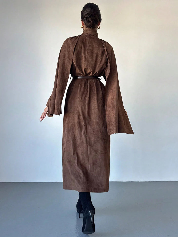 Damen Mantel mit Cape-Overlay und Wickelkragen aus Velourslederoptik Drune