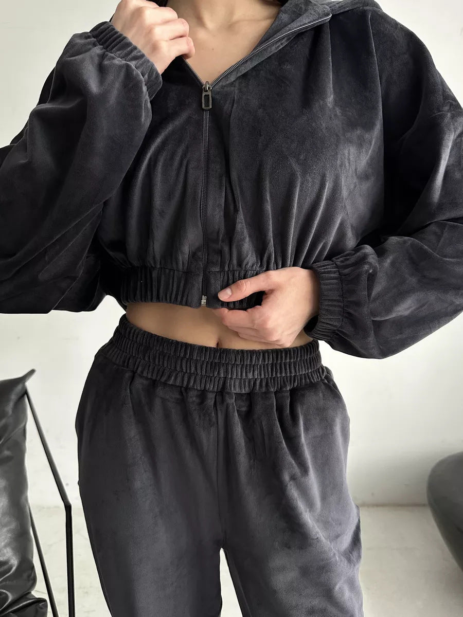 Damen luxuriöser Samt-Trainingsanzug mit geraffter Bomberjacke und High-Waist Jogginghose Drune