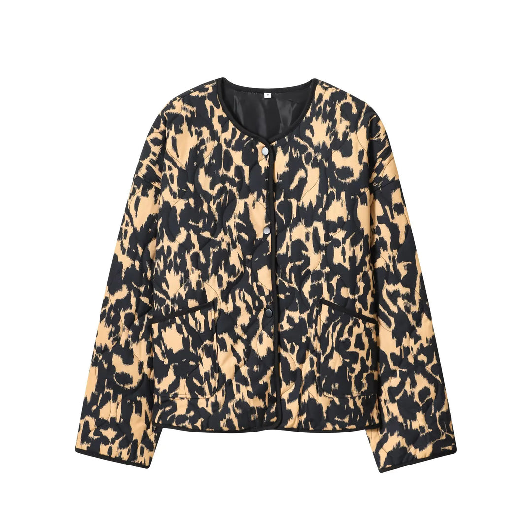 Damen nan gesteppte Kurzjacke mit animalischem Print, Rundhalsausschnitt und Druckknopfleiste Drune