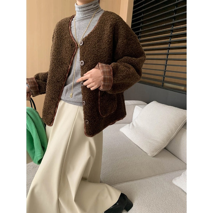 Damen Kuschelige Oversized-Fleecejacke mit Kontrastdetails Drune
