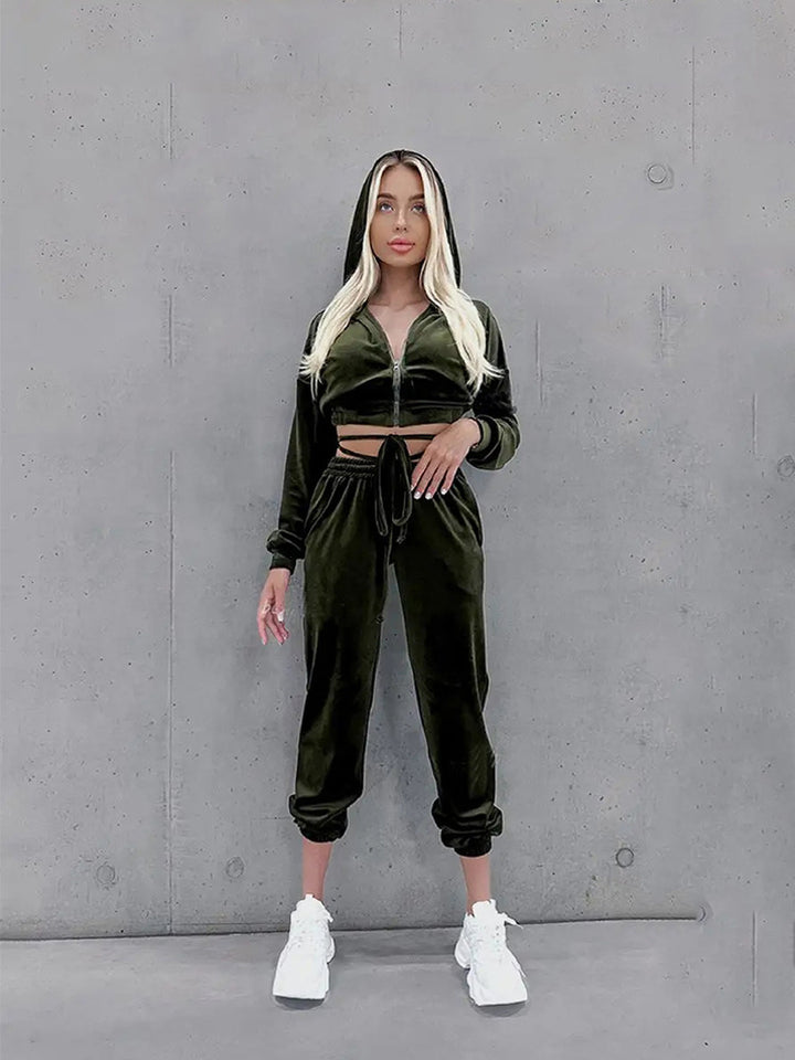 Damen Fleece-Trainingsanzug mit glamourösem cropped Hoodie und Jogginghosen Drune