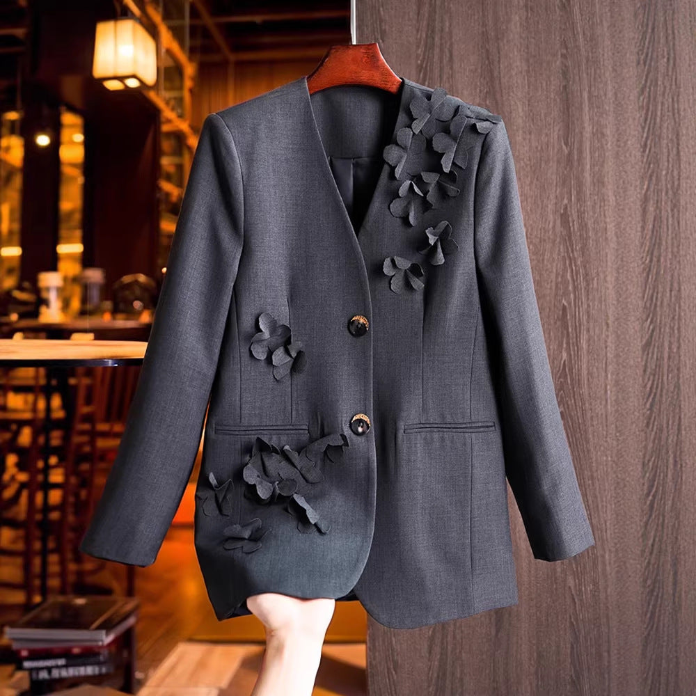 Damen Modischer Blazer mit 3D-Blüten-Details Drune