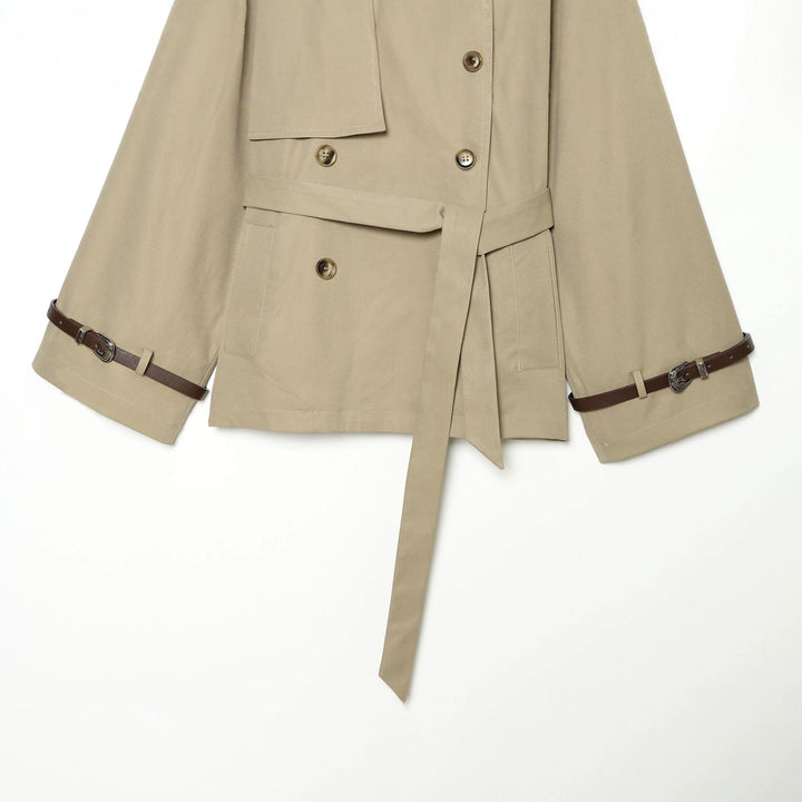 Damen nan kurzgeschnittene Cape-Trenchjacke mit doppelreihiger Knopfleiste und Taillengürtel Drune