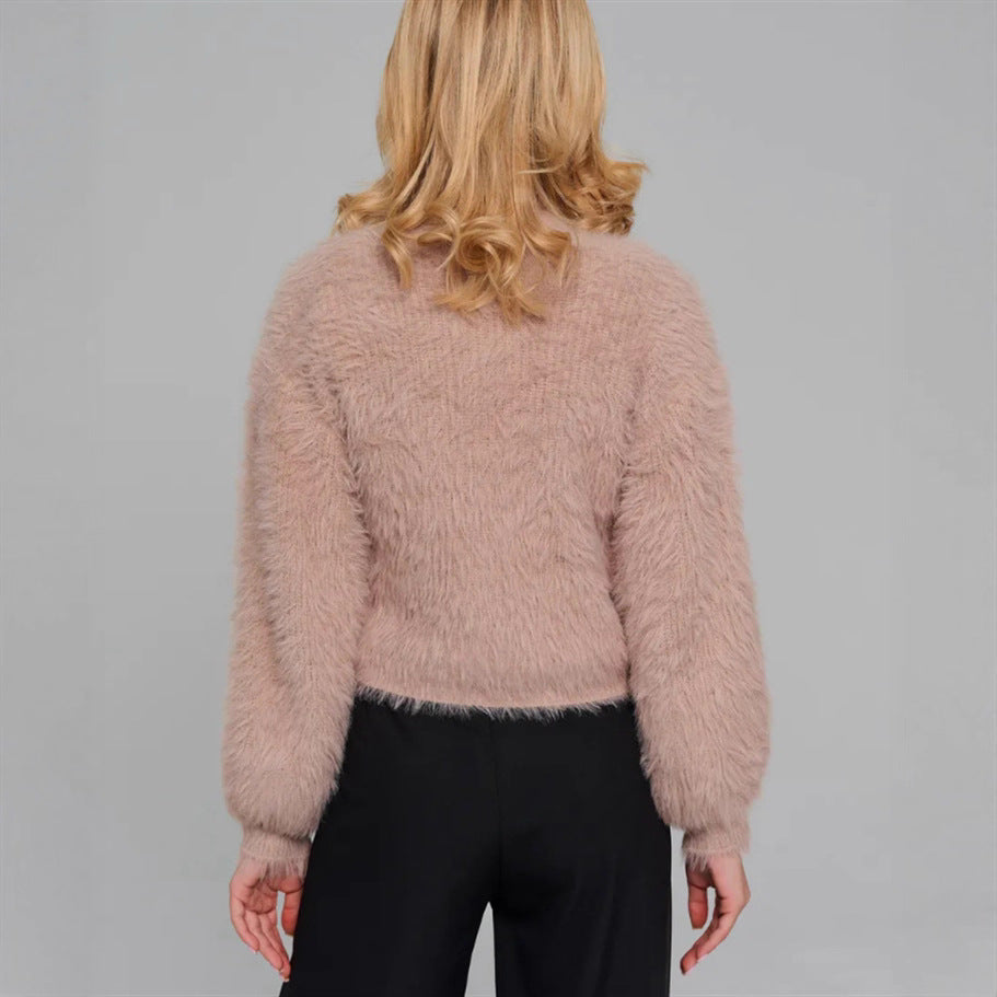 Damen Kurze flauschige Kunstfell-Cardigan mit offenem Schnitt und Raglanärmeln Drune