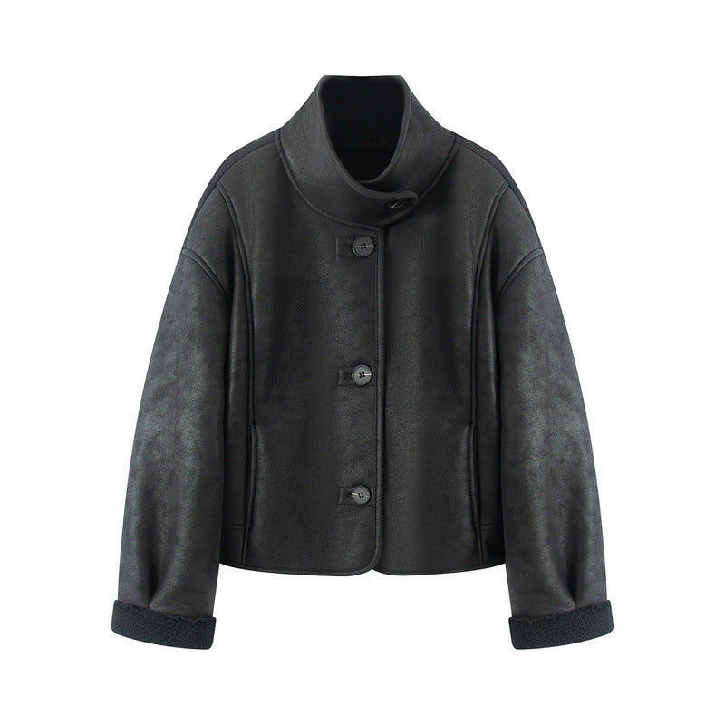 Damen nan kurze Lammfelloptik-Jacke mit hohem Stehkragen und geknöpfter Front Drune