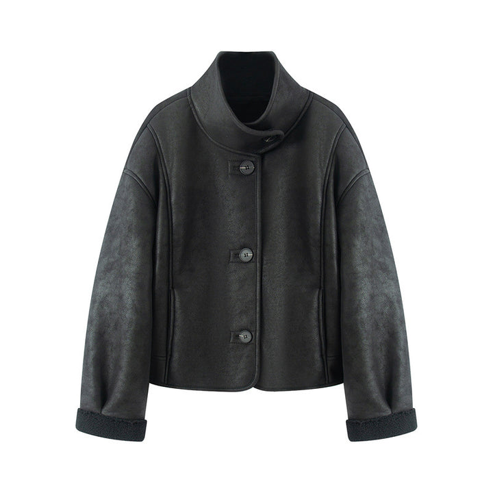 Damen nan kurze Lammfelloptik-Jacke mit hohem Stehkragen und geknöpfter Front Drune