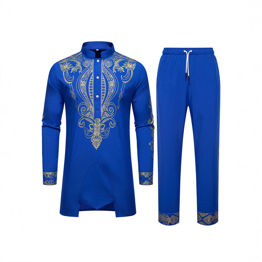 Herren Tunika Anzug mit Stehkragen und ornamentaler Goldapplikation Drune