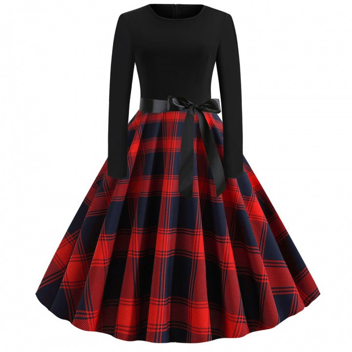 Damen Vintage Tellerrockkleid mit Karo-Tellerrock, figurbetontem Langarmoberteil und Satinschärpe Drune