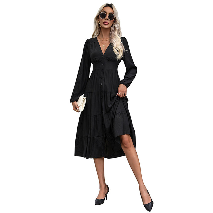 Damen Langes V‑Ausschnitt Stufenkleid mit durchgehender Knopfleiste und taillierter Naht Drune