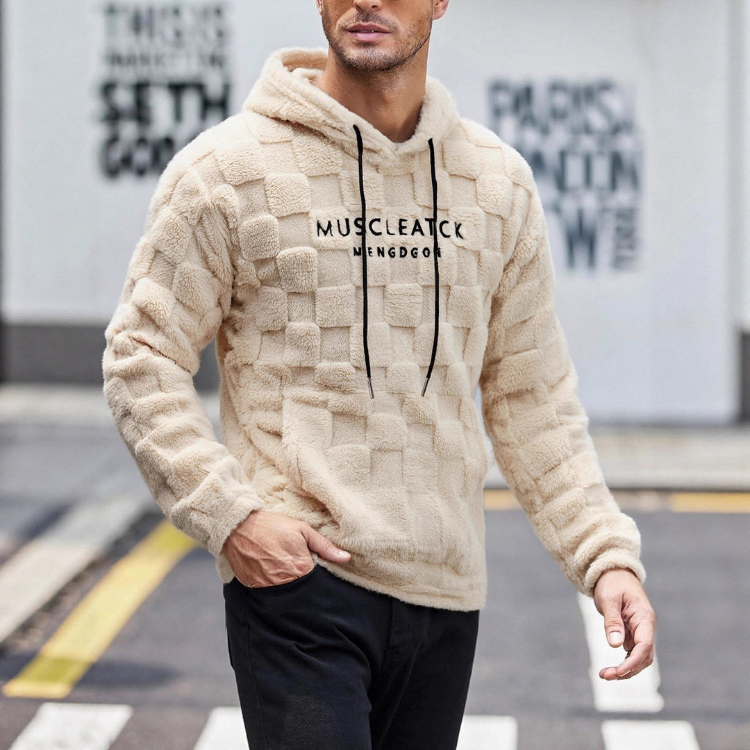Herren flauschiger Sherpa-Hoodie mit Quadrat-Steppmuster, Kängurutasche und verstellbarer Kapuze Drune