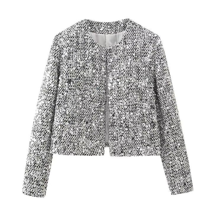 Damen nan gefütterte Bouclé-Kurzjacke mit Paillettenbesatz, Rundhalsausschnitt und offener Front Drune