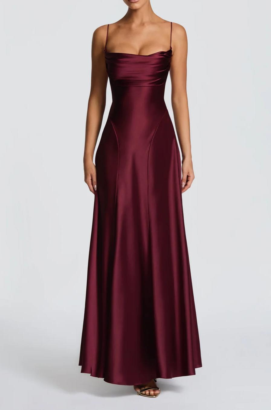 Damen Elegantes Maxi-Kleid mit fließendem Satin und verführerischem Spaghettiträger Drune