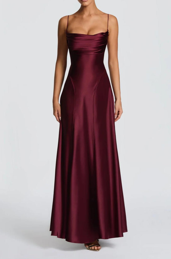 Damen Elegantes Maxi-Kleid mit fließendem Satin und verführerischem Spaghettiträger Drune
