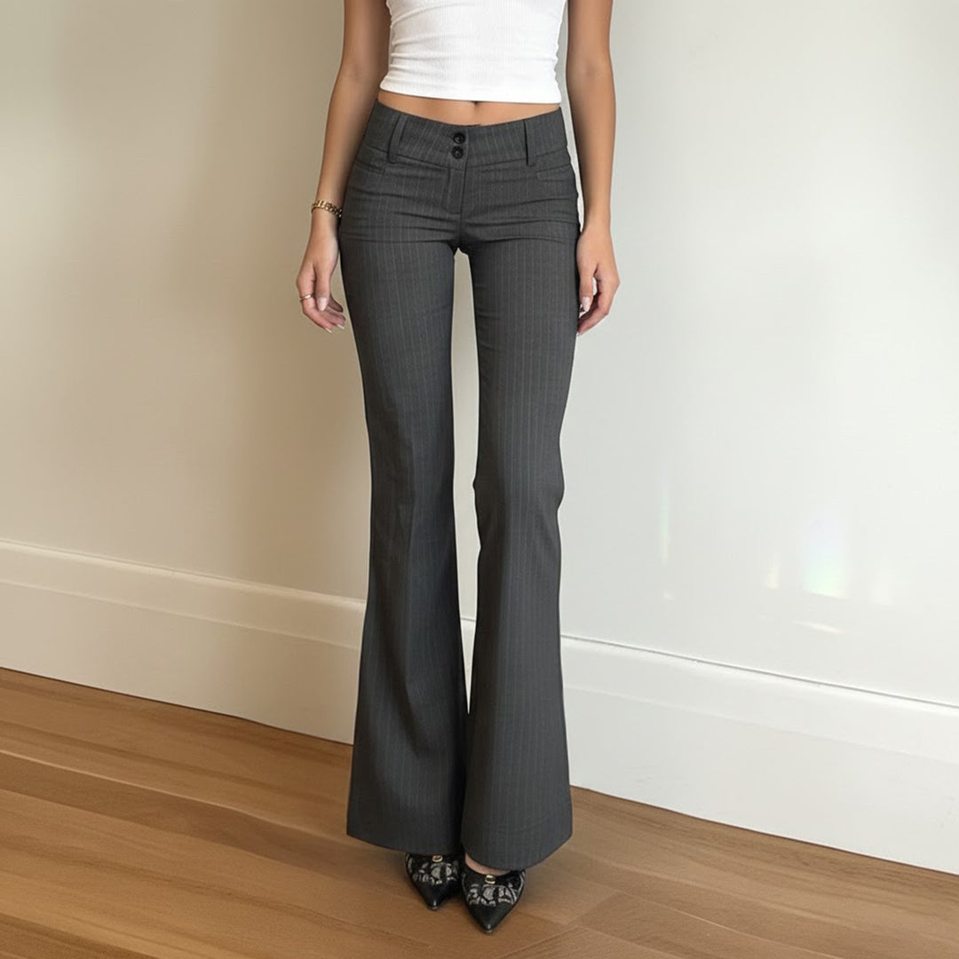 Damen Hochtaillierte Stretch‑Schlaghose mit Nadelstreifen und Doppelknopf Drune