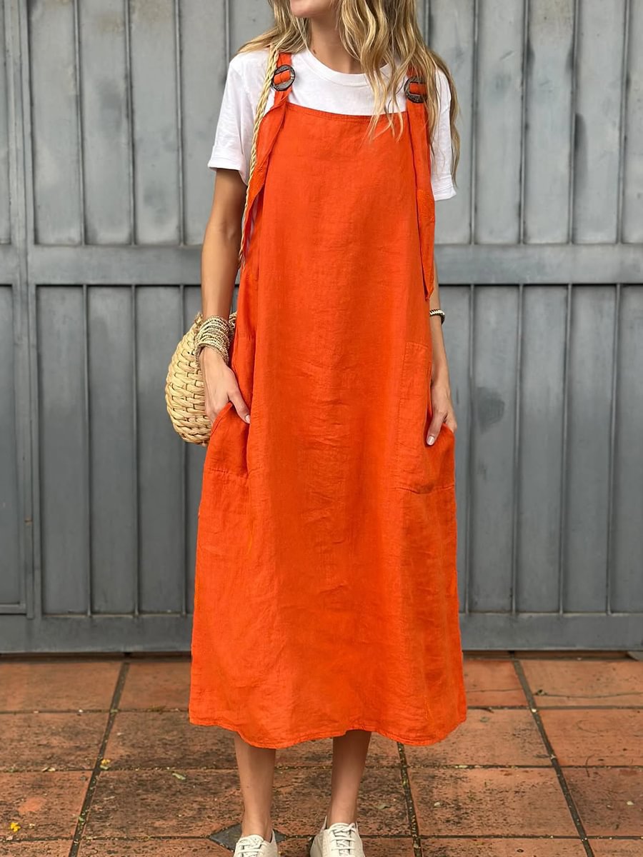 Damen lässiges Leinenkleid mit praktischen Taschen und verstellbaren Trägern Drune