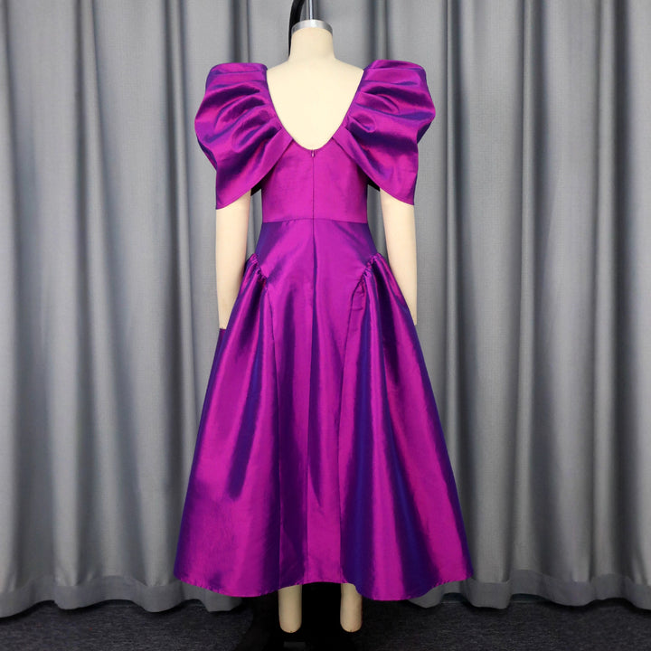 Damen Elegantes Satin Abendkleid mit voluminösen Puffärmeln Drune
