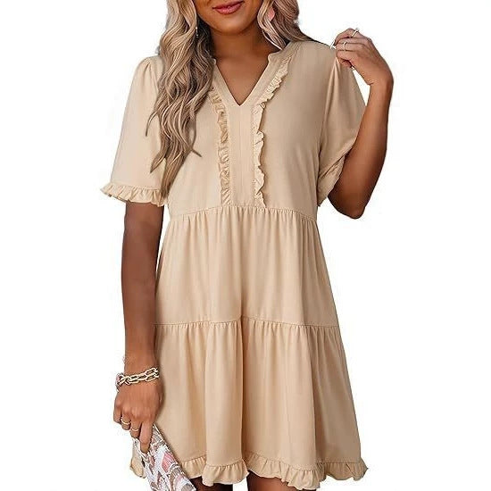 Damen nan leichtes Swingkleid mit V-Ausschnitt, gestufter Rockpartie und zarten Volants Drune