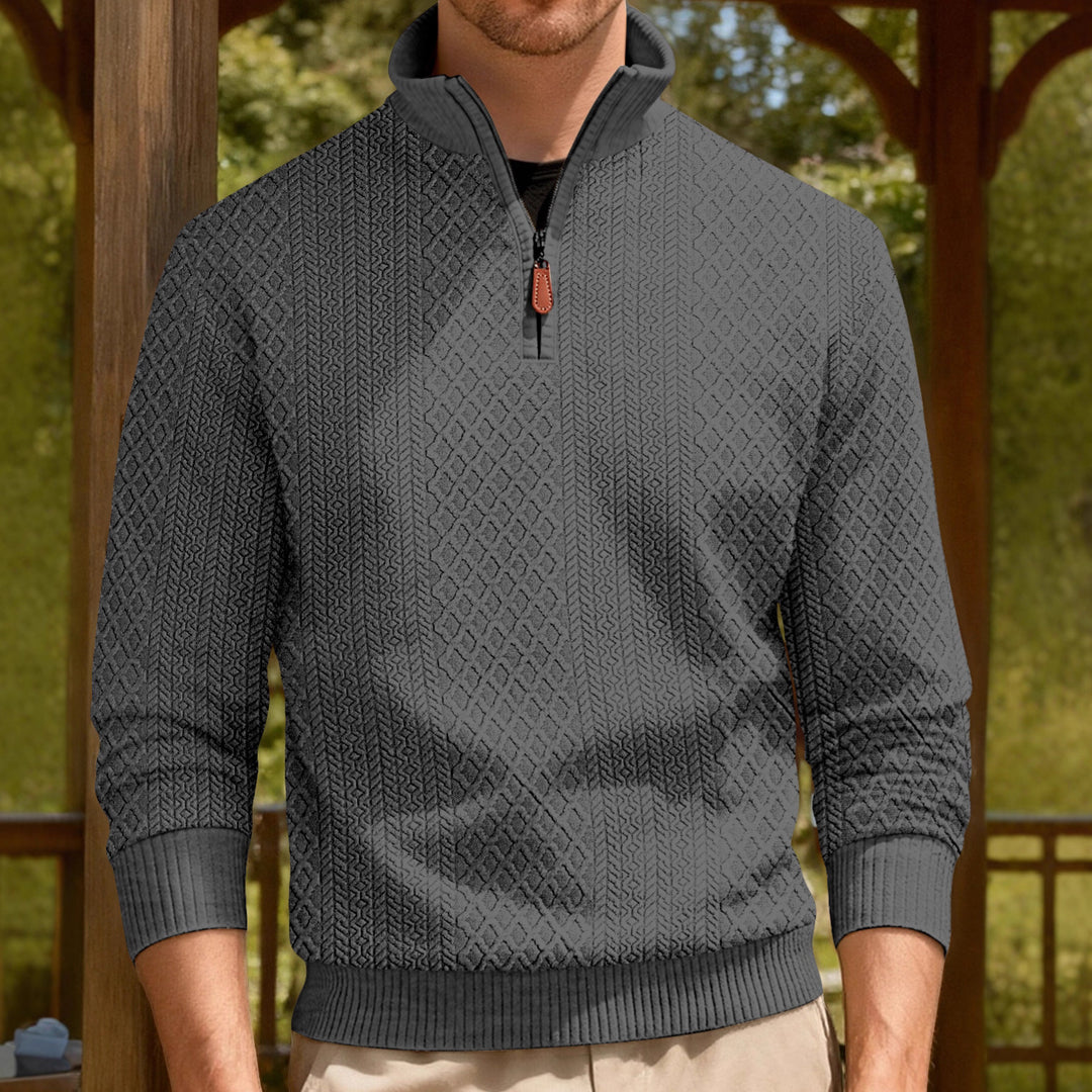 Herren nan feinstrukturierter Halbzip-Pullover im Jacquard-Relief mit hohem Stehkragen und Leder-Zipper Drune