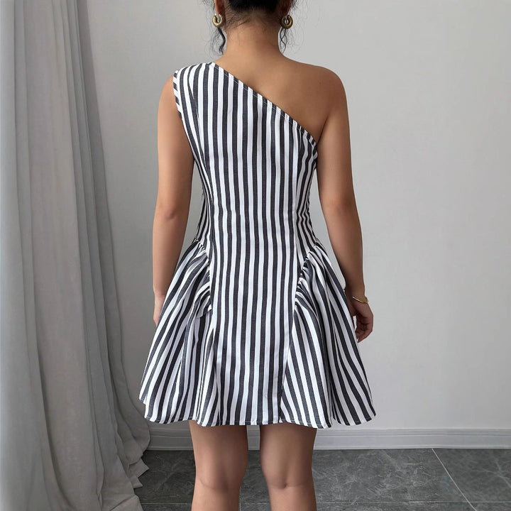 Damen Schulterfreies Streifen-Kleid mit eleganten Falten Drune