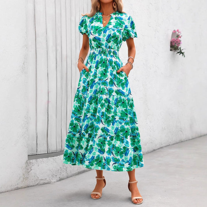 Damen Maxi-Kleid mit floralen Mustern und rüschendem Saum Drune
