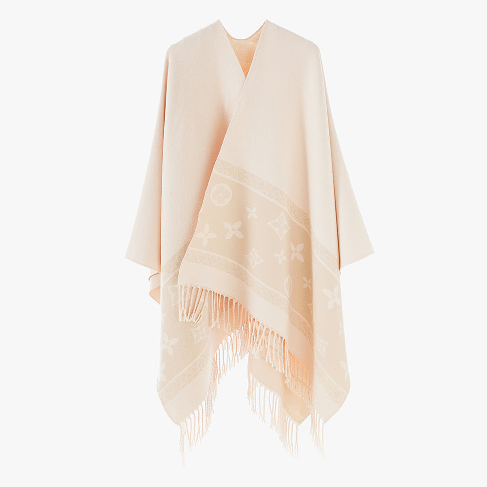 Damen Fransen-Capeponcho im Jacquard-Wollmix mit asymmetrischem Zipfelsaum Drune