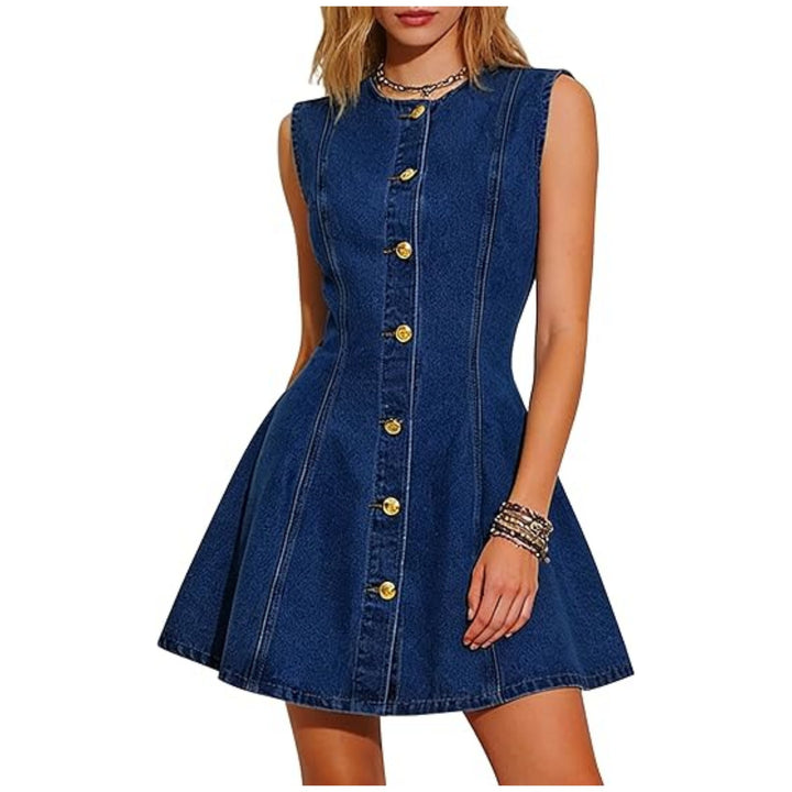 Damen Ärmelloses Jeanskleid mit taillierter A-Linie und durchgehender Knopfleiste Drune