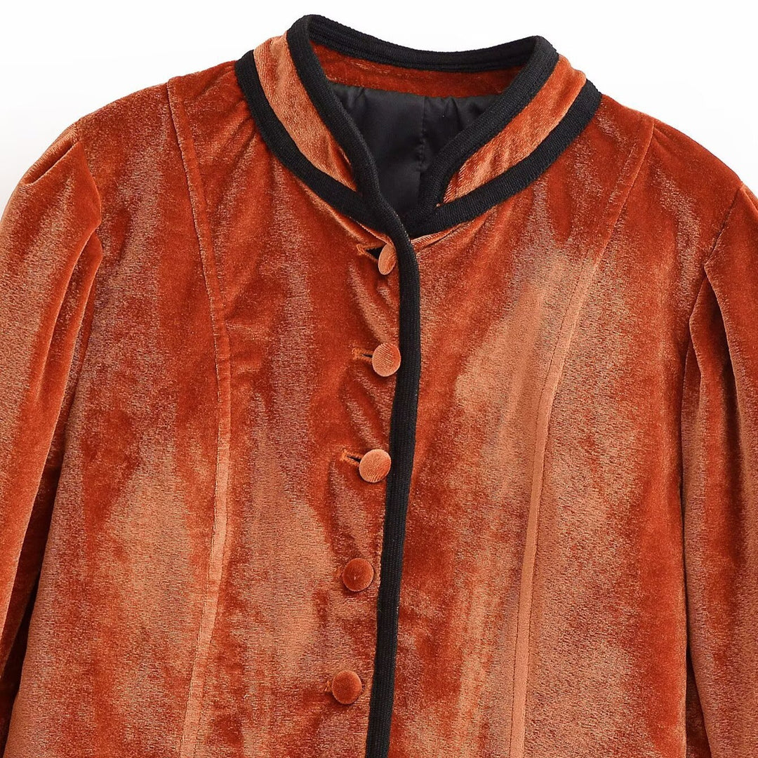 Damen Samtjacke mit Stehkragen, kontrastreicher Paspelierung und Knopfverschluss Drune