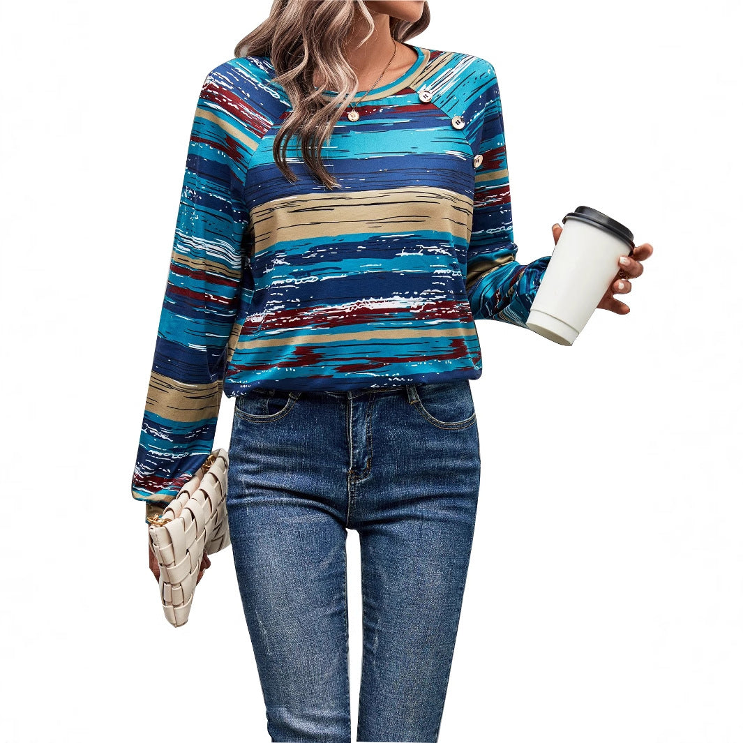 Damen gemusterter Langarm-Pullover mit kreativen Knopfdetails Drune