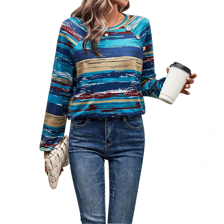 Damen gemusterter Langarm-Pullover mit kreativen Knopfdetails Drune